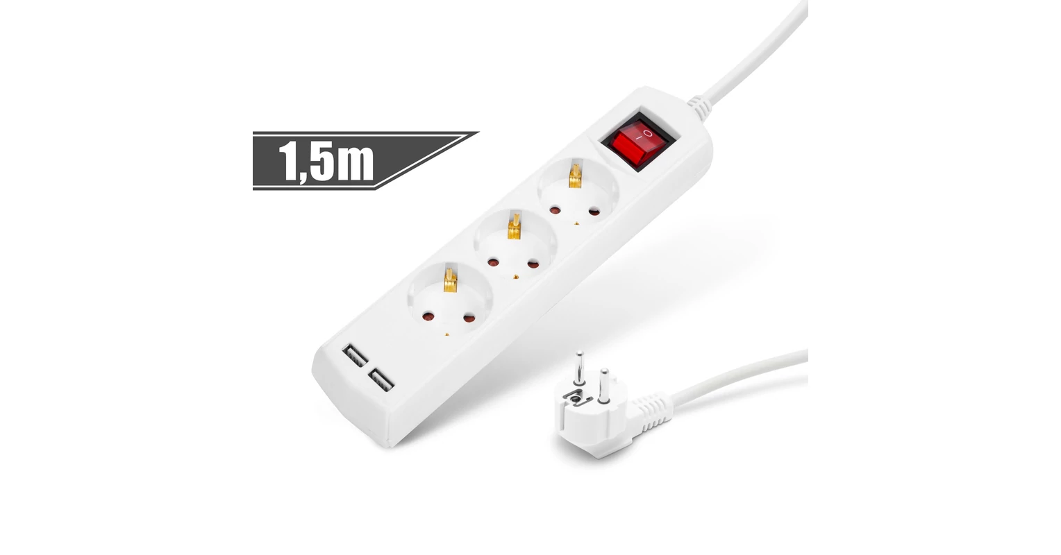 Delight Elosztó 3-as - 3 x 1,5 mm - 1,5 m - 2 x USB-vel - kapcsolós ...