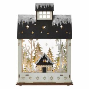 LED karácsonyi házikó, fa, 30 cm, 2x AA, beltéri, meleg fehér, időzítő