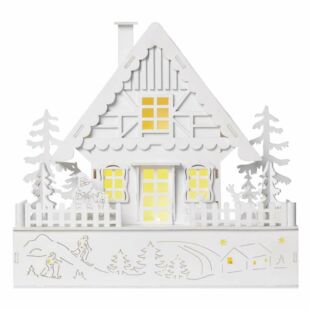 LED karácsonyi házikó, fa, 28 cm, 2x AAA, beltéri, meleg fehér, időzítő