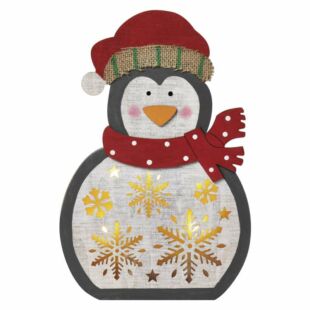 LED karácsonyi pingvin, fa, 30 cm, 2x AA, beltéri, meleg fehér, időzítő