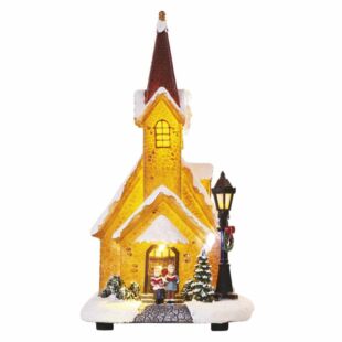 LED karácsonyi havas templom, 26 cm, 3× AA, beltérre, meleg fehér