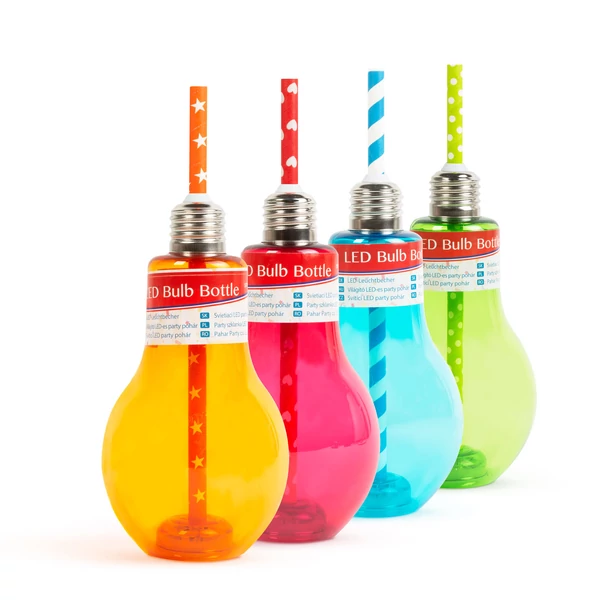 Világító LED-es party pohár - papír szívószállal - izzókörte, színes - 400 ml